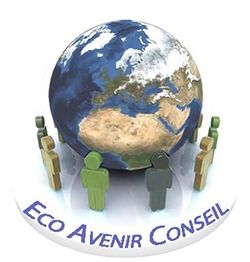 Des figurines entourent un globe terrestre, avec le texte "Eco Avenir Conseil" en dessous.