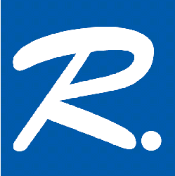 Blaues Quadrat mit weißem Buchstaben "R." in geschwungener Schrift.