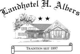 Zeichnung des Landhotels H. Albers mit zwei Sternen, Schriftzug: "Tradition seit 1897".