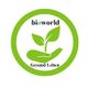 Grünes Logo mit einer Hand und Pflanze, Text: "bioworld Gesund Leben".
