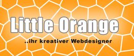 Text "Little Orange - ihr kreativer Webdesigner" auf orangefarbenem geometrischem Hintergrund.