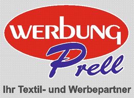 Logo mit rotem Oval und Text: "WERBUNG Prell. Ihr Textil- und Werbepartner."