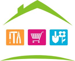 Haus mit Werkzeug-, Einkaufs- und Garten-Icons; grün, orange, pink, blau Theme.