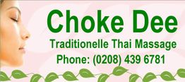 Profil einer Frau, Text: Choke Dee, Traditionelle Thai-Massage, Telefon: (0208) 439 6781.