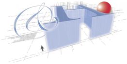 Blaues 3D "H", rote Kugel, @-Symbol und Pfeil auf technischen Zeichnungen.