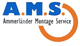Logo mit blauer Schrift "A.M.S." und Text "Ammerländer Montage Service", Oranger Kringel.