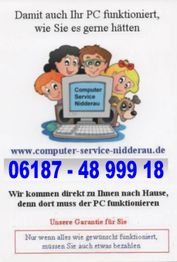 Computer-Service-Anzeige mit Karikatur: Kinder und Hund um PC. Kontakt: 06187 - 48 999 18.