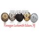 Five colored door locks with text: "908-242-3910 Finnegan Locksmith Edison, NJ."