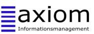 Logo von Axiom Informationsmanagement mit blauen Streifen und schwarzem Text auf weißem Hintergrund.