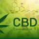 CBD text over a green background with chemical structure and a cannabis leaf.