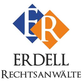 Logo von Erdell Rechtsanwälte mit blauen und orangefarbenen Rauten und den Buchstaben E und R.