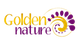 Logo de Golden Nature con texto amarillo y púrpura, y diseño de espiral de hojas.