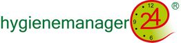 Logo mit dem Text "hygienemanager" und einer Uhr in Form einer Zitrone mit der Zahl 24.