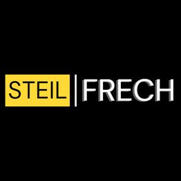 Gelbes "STEIL" und weißes "FRECH" auf schwarzem Hintergrund.