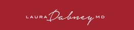 "Red background with 'Laura Dabney MD' in elegant white script."