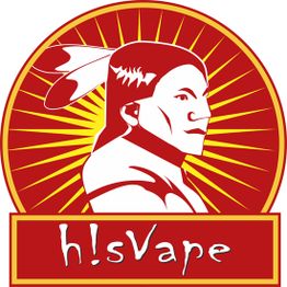 Logo mit rotem Hintergrund, stilisierter Kopfprofil und Schriftzug "h!sVape" unten.