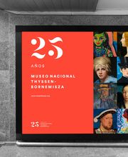 Cartel de aniversario del Museo Thyssen-Bornemisza con varias obras de arte destacadas.