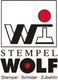 Logo mit Stempelmotiv und Text: "Stempel Wolf, Stempel, Schilder, Zubehör", schwarze und rote Farben.