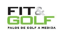 Logo de Fit & Golf, texto: "Palos de golf a medida", en negro y verde.
