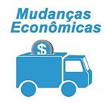 Caminhão azul com moeda e texto "Mudanças Econômicas" em azul.