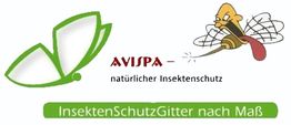 Logo mit grünem Schmetterling, Mücke und Text: "AVISPA natürlicher Insektenschutz. Insektenschutzgitter."