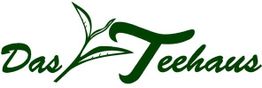 „Das Teehaus“-Logo mit grünem Schriftzug und Teeblattgrafik.