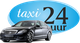 Zwarte taxi voor blauw logo “taxi 24 uur”.