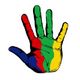 Colorful handprint with fingers in green, yellow, blue, and red on a white background.
