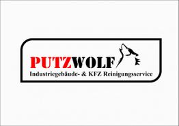 Logo von Putzwolf, Reinigungsservice mit Wolf-Abbildung im schwarzen Rahmen.