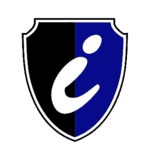 Shield emblem with a split black and blue background and a stylized white "i" in the center.