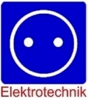 Blaues Symbol mit Steckdosenmotiv, darunter roter Schriftzug "Elektrotechnik".