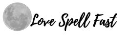 Full moon with the text "Love Spell Fast" in cursive font next to it.