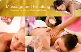 Person bei Massage mit Öl und Kerze, Text: "Massage und Erholung, Wellness für Körper, Geist und Seele".