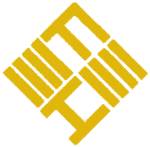 Gelbes, ineinander verschlungenes, abstraktes geometrisches Logo auf weißem Hintergrund.