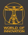 Menschliche Figur im Quadrat und Kreis, Text "World of Innovation", gelb auf dunkelgrau.
