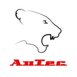 Cabeza de león dibujada en contorno. Texto "AuTec" en rojo debajo del dibujo.
