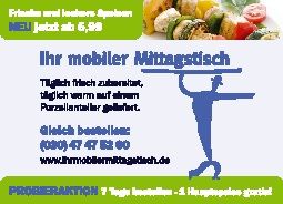 Werbung für mobilen Mittagstisch mit Telefonnummer und Website, Illustration mit Serviertablett.