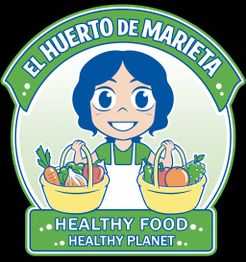 Ilustración de una persona sonriendo con cestas de verduras, texto: "El Huerto de Marieta".