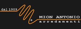 Logo con scritta "dal 1909 Mion Antonio arredamenti" su sfondo nero e linea arancione ondulata.
