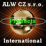 Kugel mit Text: "ALW CZ s.r.o. Products International" auf schwarzem Hintergrund.