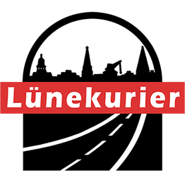 Logo mit rotem Schild "Lünekurier" und stilisierter schwarzer Straße darunter.