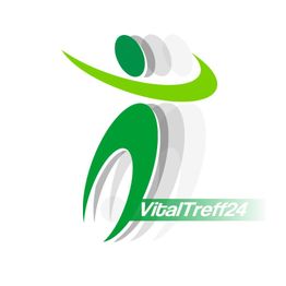 Grünes und graues abstraktes Logo mit "VitalTreff24"-Schriftzug auf weißem Hintergrund.