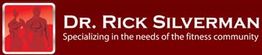 Logo for Dr. Rick Silverman, catering to the fitness community, on a red background.