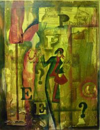 Abstraktes Kunstwerk mit Buchstaben, Zahlen und Fragenzeichen in Grün- und Gelbtönen.