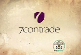 Logo "7 contrade" e certificato di eccellenza TripAdvisor 2017 su sfondo beige.