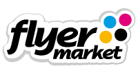 Logo mit dem Schriftzug "flyer market" und vier bunten Punkten: Blau, Gelb, Schwarz und Magenta.