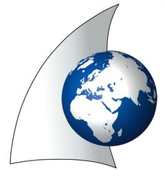 Stilisiertes Weltkugel-Logo mit Haiflosse.