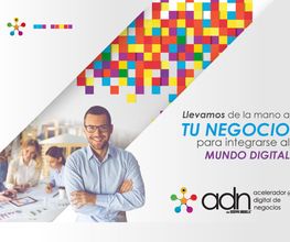 Grupo de personas trabajando; texto sobre negocios y mundo digital.