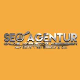 Logo mit Schriftzug "SEO Agentur", "Online Marketing", "Webdesign" auf orangem Hintergrund.