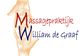 Handen met tekst "Massagepraktijk William de Graaf" in rood en blauw.